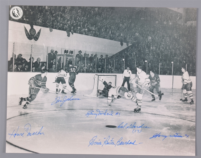 Multi-Signed Leafs/Canadiens Photo of Bill Barilkos Famous 1951 Goal with LOA (11” x 14”) 