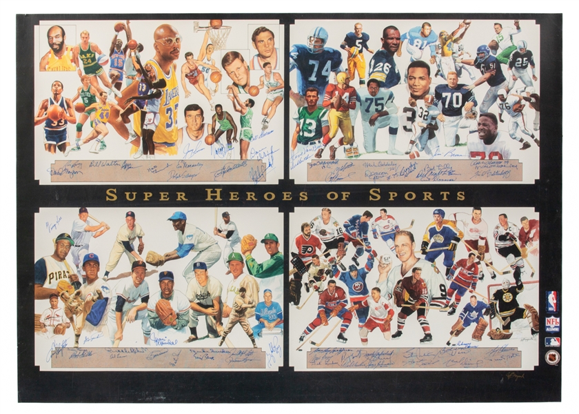 "Super Heroes of Sports" Multi-Signed Lithograph Signed by 58 (MLB, NFL, NBA & NHL) from Pierre Pilotes Personal Collection with Family LOA (28” x 39”)