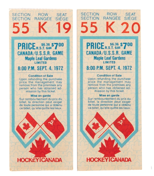 1972 Canada-Russia Summit Series Game 2 Ticket Stubs (2) from the Pierre Pilote Collection