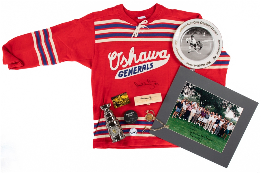 Pierre Pilotes Bobby Orr Signed/Memorabilia Collection of 9 Including Throwback Oshawa Generals Jersey, Puck, Photo, Golf Ball, Mini Stanley Cup and More From His Personal Collection with Family LOA