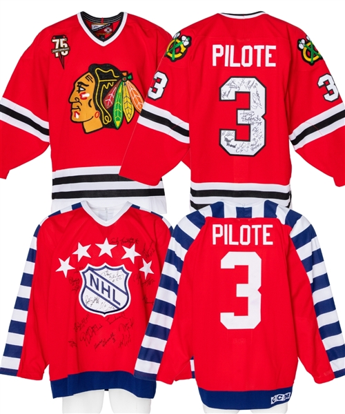 Pierre Pilotes 2001-02 Chicago Blackhawks 75th Anniversary Multi-Signed Jersey Plus Vintage Style NHL All-Star Game Multi-Signed Jersey From His Personal Collection with Family LOA