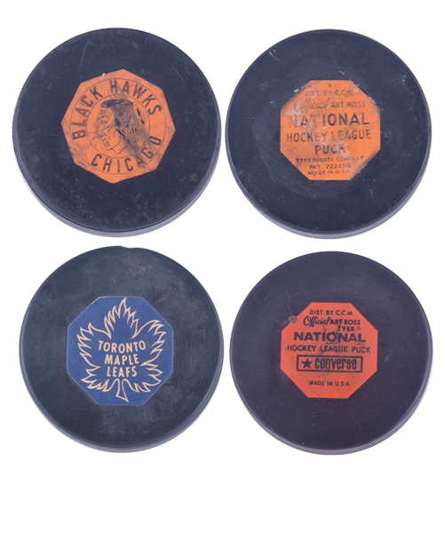 Chicago Black Hawks 1958-62 "Original Six" Art Ross Game Puck Plus 1969-73 Toronto Maple Leafs Converse Game Puck