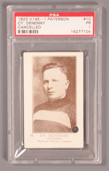 1923-24 William Patterson V145-1 (Cancelled) Hockey Card #10 HOFer Cy Denneny RC - Graded PSA 1 - Highest Graded!