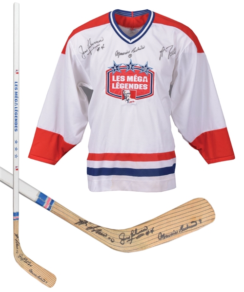 Maurice Richard, Jean Beliveau and Guy Lafleur "Les Mega Legendes" Triple-Signed Hockey Jersey and Stick