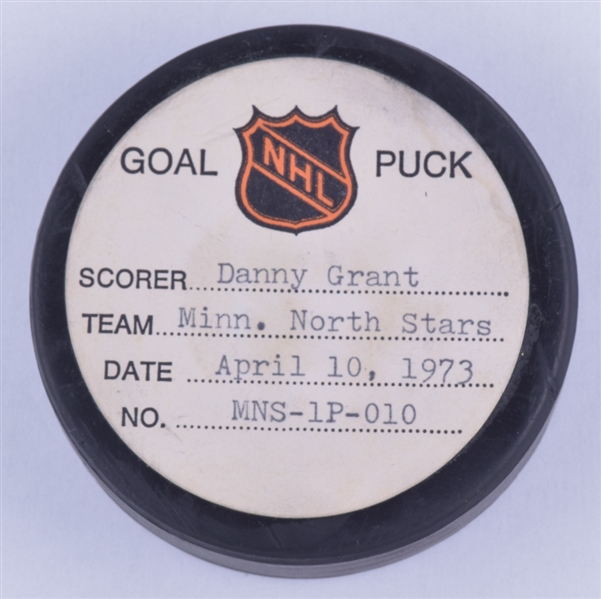 Danny Grants Minnesota North Stars April 10th 1973 Playoff Goal Puck from the NHL Goal Puck Program - 2nd Playoff Goal of Season / Career Playoff Goal #9