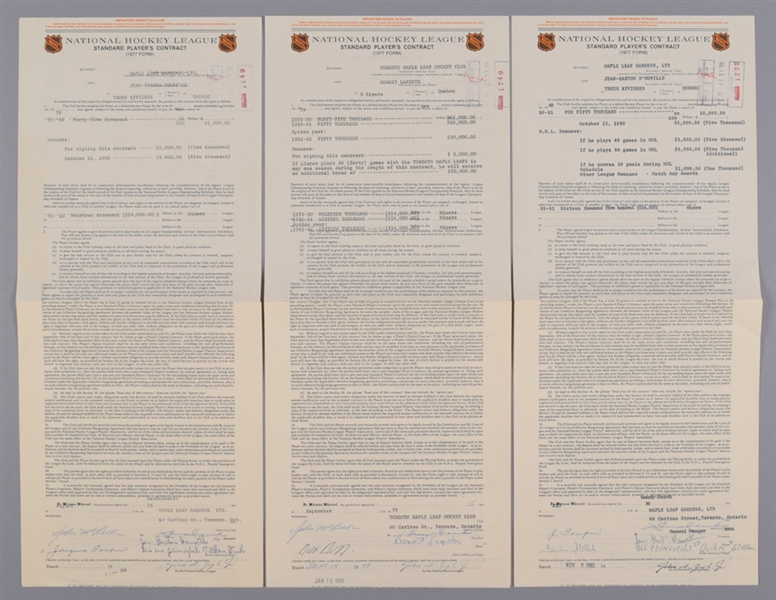 Toronto Maple Leafs 1979 & 1980 Official NHL Contract Collection of 3 with Deceased HOFer Punch Imlach Signatures