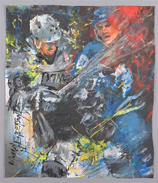 Wayne Gretzky and Doug Gilmour 1993 Playoffs “High Sticking” Original Painting on Canvas by Renowned Artist Murray Henderson (17” x 19 ½”) 