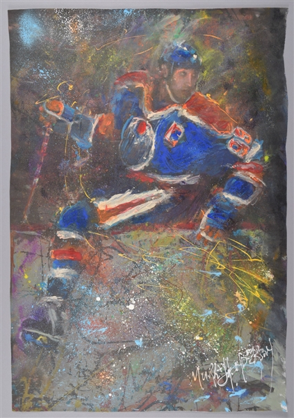 Wayne Gretzky Edmonton Oilers “Hopping the Bench” Original Painting on Canvas by Renowned Artist Murray Henderson (24” x 35 ½”)
