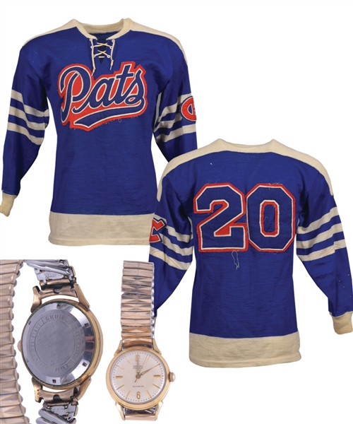 Late-1950s/Early-1960s SJHL Regina Pats Game-Worn Wool Jersey From Gordon "Red" Berensons Collection with His Signed LOA Plus His 1957-58 SJHL All-Star Game Wristwatch
