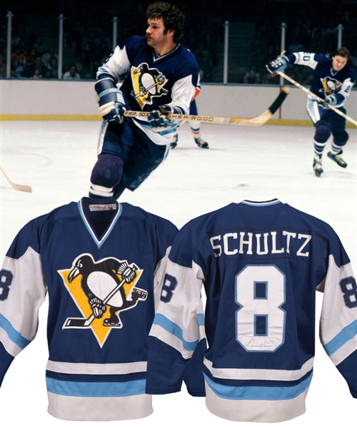 Dave Schultzs 1978-79 Pittsburgh Penguins Game-Worn Jersey with LOA - Team Repairs! - Photo-Matched!