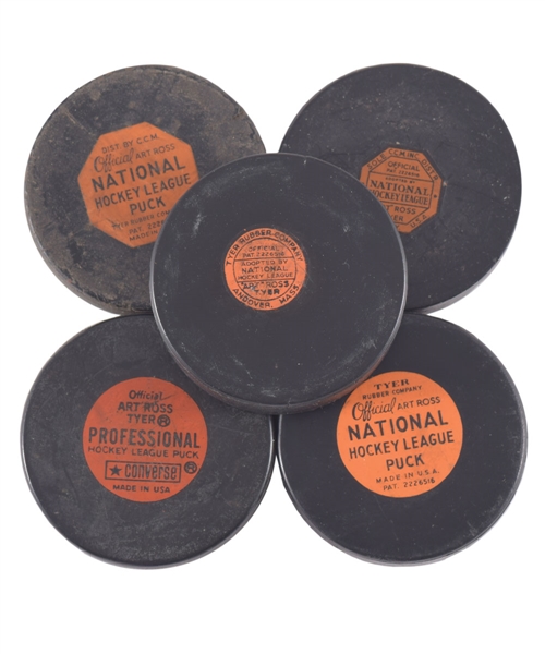 1940s/1970s Art Ross NHL and AHL Practice and Game Puck Collection of 5
