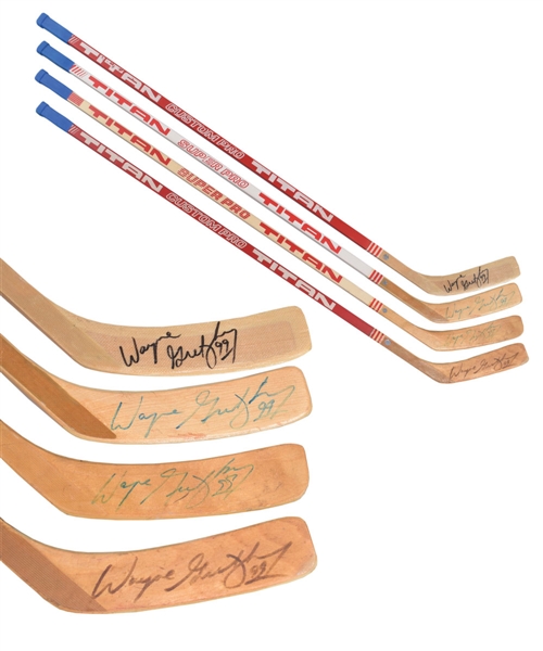 Wayne Gretzky’s Early-1980s Vintage-Signed Titan Stick Collection of 4