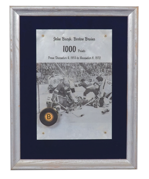 Johnny Bucyks November 8th 1972 Boston Bruins 1000th NHL Point Goal Puck Framed Display (21" x 27") with His Signed LOA