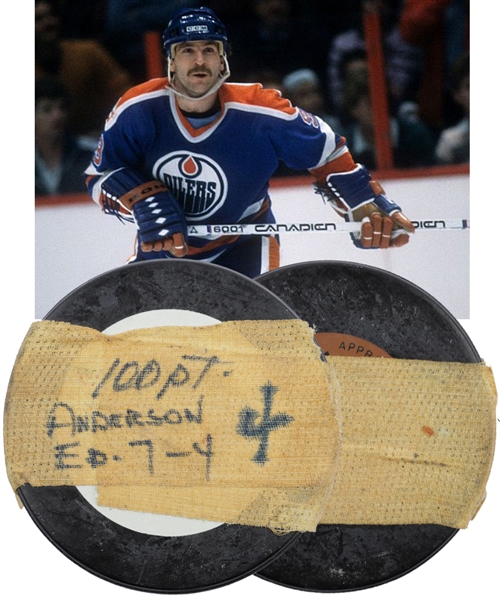 Glenn Andersons 1982-83 Edmonton Oilers 100th Point of Season Milestone Goal Puck with Team LOA - Gretzky Assist! 