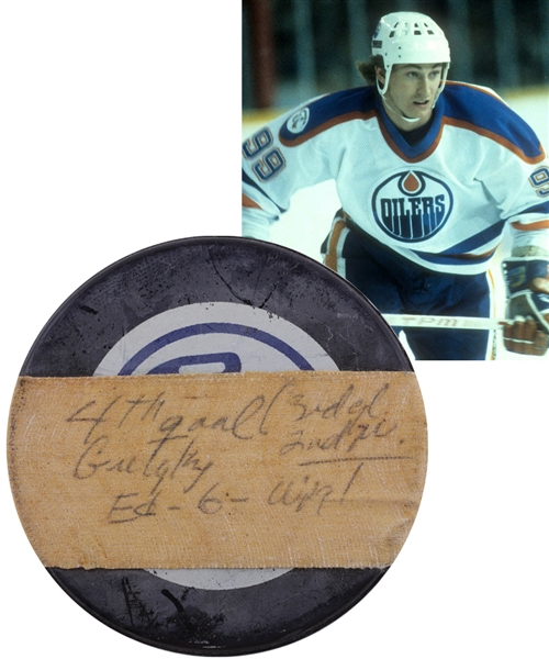 Wayne Gretzkys April 6th 1983 Edmonton Oilers Four-Goal Game Playoffs Goal Puck with Team LOA