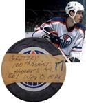 Wayne Gretzkys February 27th 1983 Edmonton Oilers 100th Assist of Season Milestone Puck with Team LOA