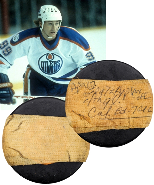 Wayne Gretzkys April 17th 1983 Edmonton Oilers Four-Goal Game Playoffs Goal Puck with Team LOA