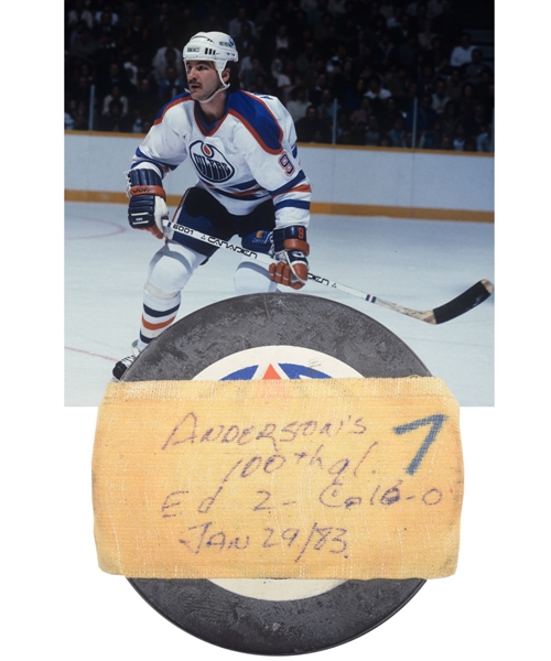 Glenn Andersons 1982-83 Edmonton Oilers 100th Career Milestone Goal Puck with LOA - Messier Assist!