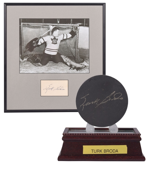 Deceased HOFer Turk Broda Signed Puck with JSA LOA Plus Toronto Maple Leafs Signed Framed Display