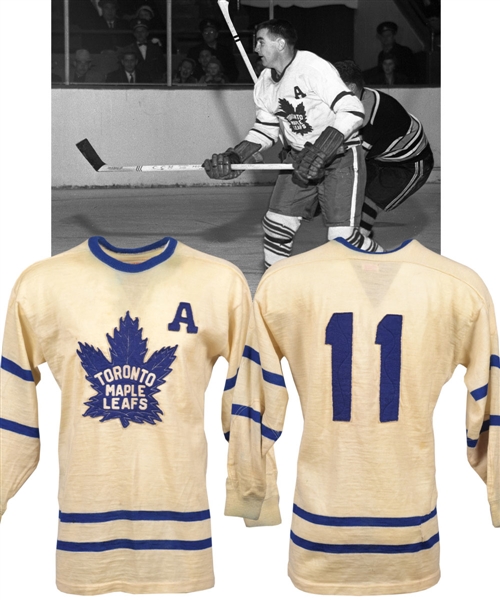 Tod Sloans Circa 1955-56 Toronto Maple Leafs Game-Worn Alternate Captains Wool Jersey with Family LOA - Team Repairs!