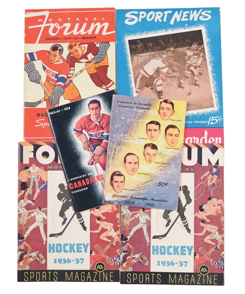 Montreal Canadiens 1960-2000 Media Guides Complete Run (40) Plus 1930s Montreal Forum Programs (3) and 1946 Stanley Cup Finals Program