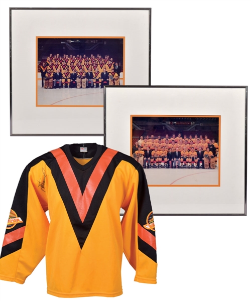 J.J. Daigneaults 1984-85 and 1985-86 Vancouver Canucks Official Framed Team Photos (2) Plus Signed Jersey with His Signed LOA