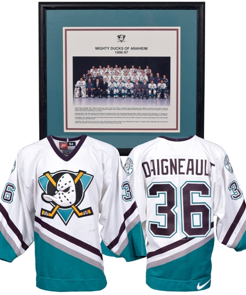 J.J. Daigneaults 1996-97 Anaheim Mighty Ducks Game-Worn Photo-Matched Jersey plus 1996-97 Framed Team Photo with His Signed LOA
