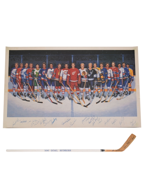 Maurice Richards 500-Goal Scorers Lithograph Autographed by 17 with Richard, Gretzky, Beliveau and Howe Plus Beliveau/Lafleur Dual-Signed Stick with Family LOA