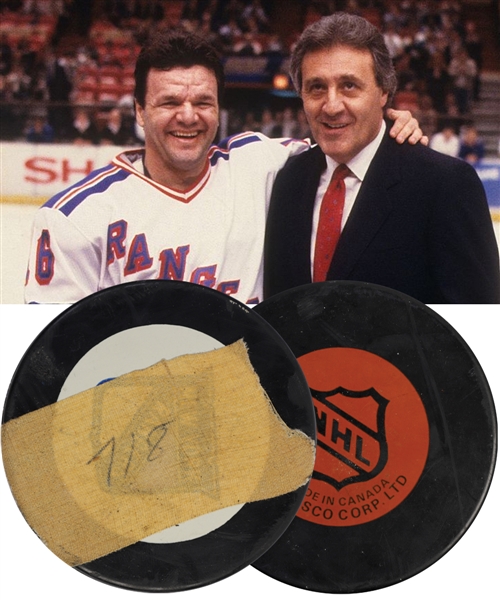 Marcel Dionnes New York Rangers February 14th 1988 "718th" Career Goal Puck with His Signed LOA - Passes Esposito to Become Second Greatest NHL Scorer of All-Time for Goals