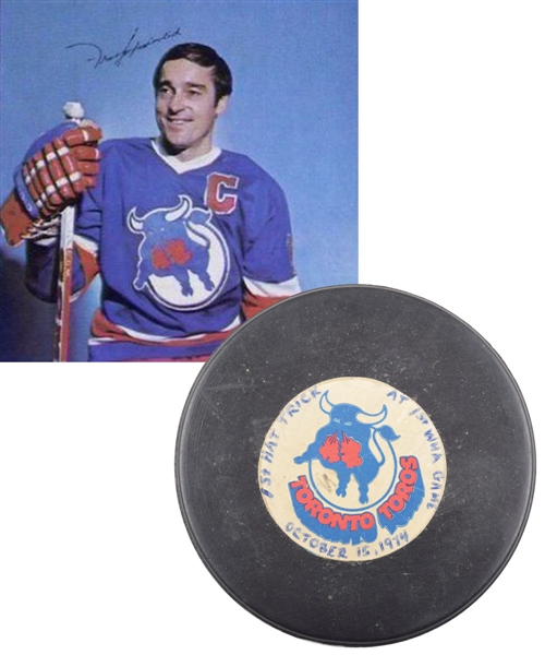 Frank Mahovlichs October 15th 1974 Toronto Toros First WHA Hat Trick Goal Puck with His Signed LOA