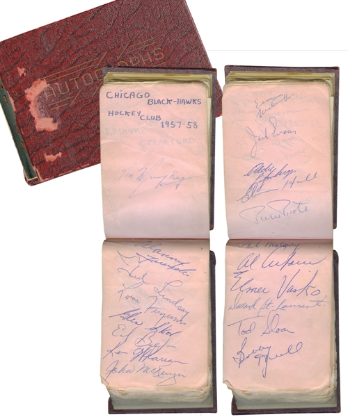 Late-1950s Autograph Booklet Including 1957-58 Black Hawks Team-Signed Pages Plus Ace Bailey, Joe Primeau, Roger Maris and Warren Spahn