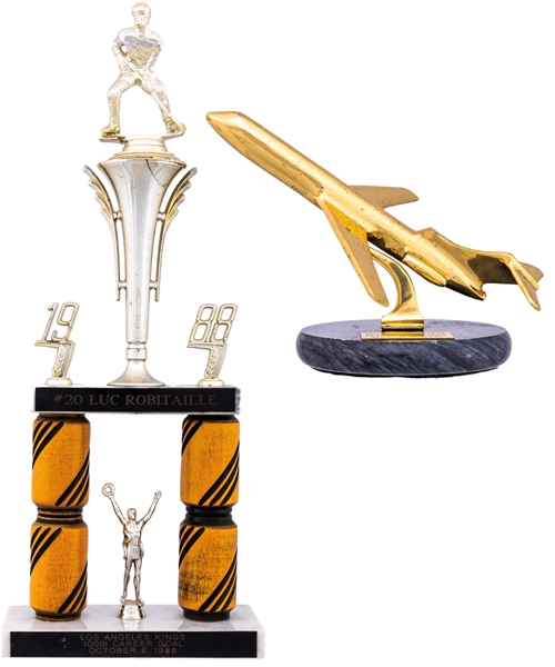 Luc Robitailles October 6th 1988 Los Angeles Kings "100th NHL Career Goal" Trophy and March 30th 1990 "Inaugural Flight" Trophy from His Personal Collection with His Signed LOA