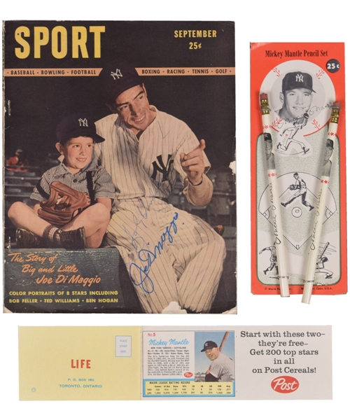 New York Yankees Collection Featuring 1946 Sport Magazine First Issue Signed by DiMaggio and 1962 Post Cereal Mickey Mantle/Roger Maris Card