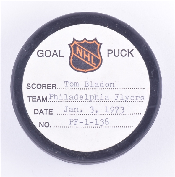 Tom Bladons Philadelphia Flyers January 3rd 1973 Goal Puck from the NHL Goal Puck Program - 7th Goal of Rookie Season / Career Goal #7