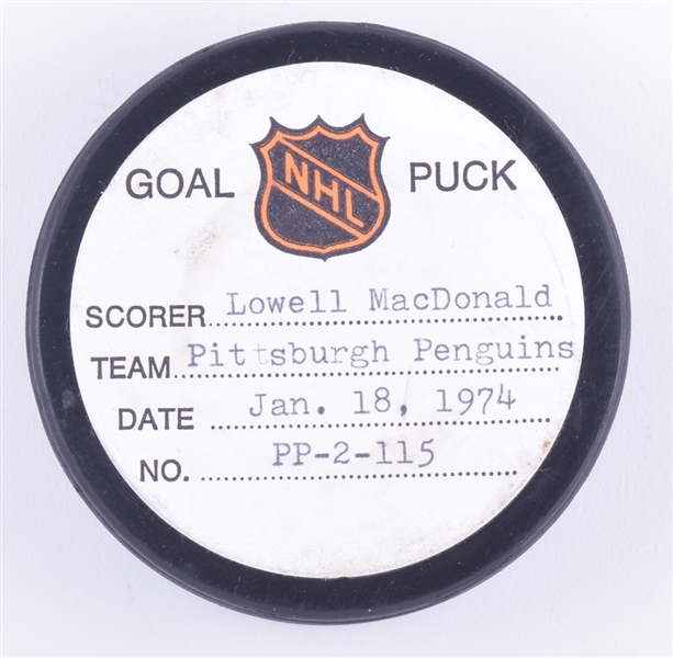 Lowell MacDonalds Pittsburgh Penguins January 18th 1974 Goal Puck from the NHL Goal Puck Program - 20th Goal of Season / Career Goal #94