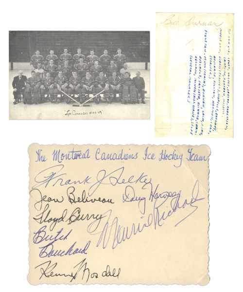 Montreal Canadiens 1954-55 Team Photo and Multi-Signed Piece Including 5 Deceased HOFers Plus Deceased HOFer Bill Durnan Signed 1948-49 Montreal Canadiens Team Postcard