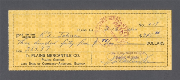 US President Jimmy Carter Signed 1960 Plains Mercantile Co. Check