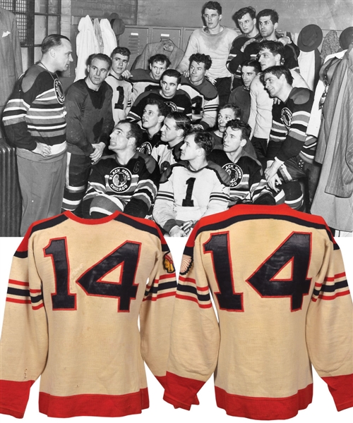 Scarce Mid-1940s Chicago Black Hawks Game-Worn Wool Alternate Jersey - Johnny Gottselig / Alex Kaleta