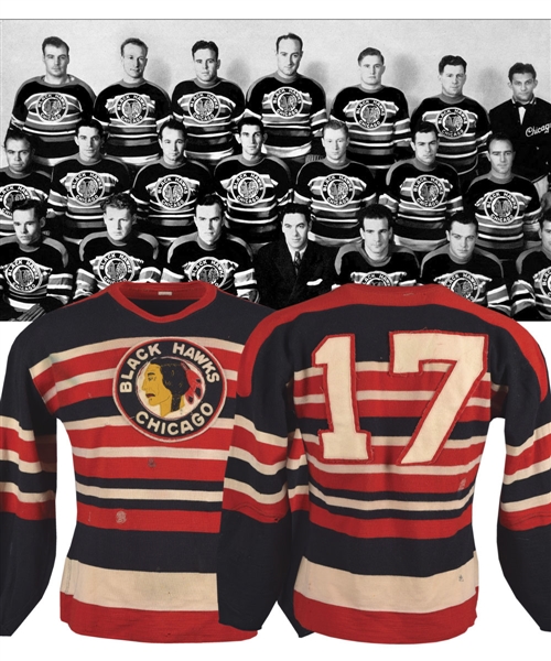 Chicago Black Hawks Early-1940s Game-Worn Wool Jersey Attributed to Earl Seibert - Team Repairs!