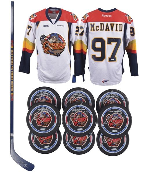 Connor McDavid Erie Otters Signed Jersey, Pucks (9) and Stick - JSA Certified