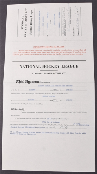 Ernie Dickens 1939 Toronto Maple Leafs Training Camp Agreement and 1945-46 Toronto Maple Leafs Official NHL Contract Including Signatures of Deceased HOFers Smythe and Day