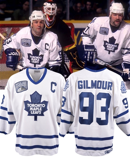 Doug Gilmours 1996-97 Toronto Maple Leafs Game-Worn Captains Jersey with His Signed LOA - MLG 65th Patch! - Photo-Matched! - His Last Maple Leafs Home Jersey!
