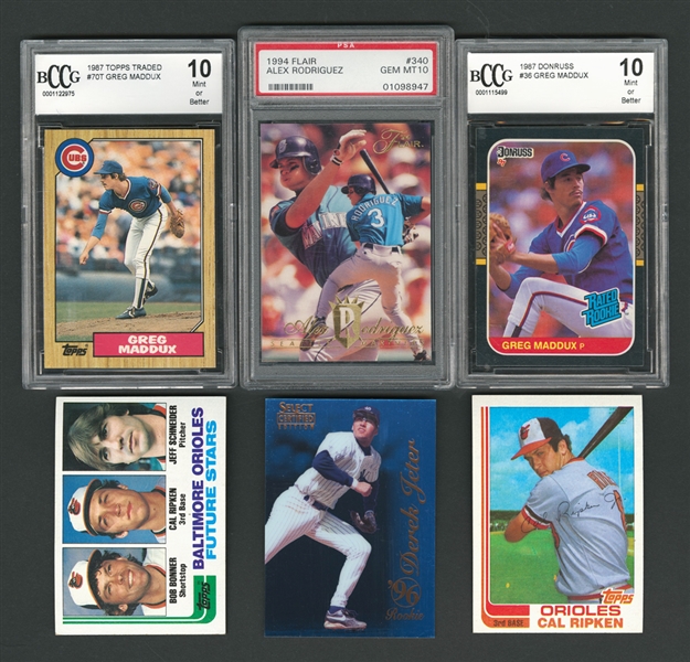 1980s and 1990s Baseball Star Card Collection of 21 Including BCCG-Graded "10" 1987 Donruss and Topps Traded Maddux, 1984 Topps Mattingly, 1983 Topps Sandberg, 1985 Topps Clemens and Many Others