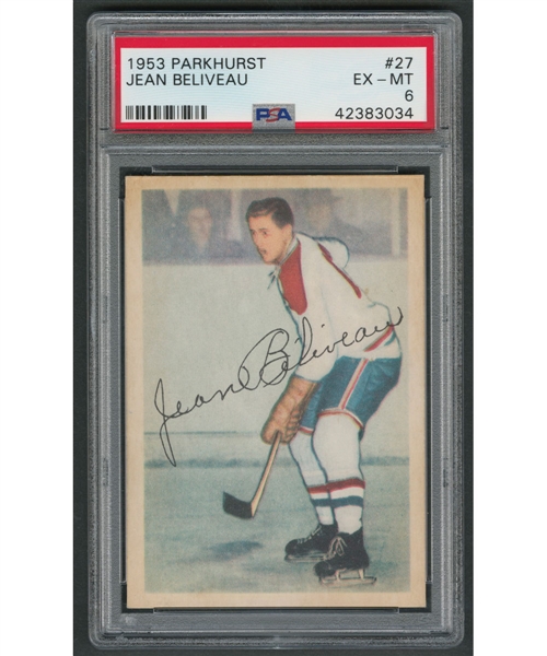 1953-54 Parkhurst Hockey Card #27 HOFer Jean Beliveau RC - Graded PSA 6