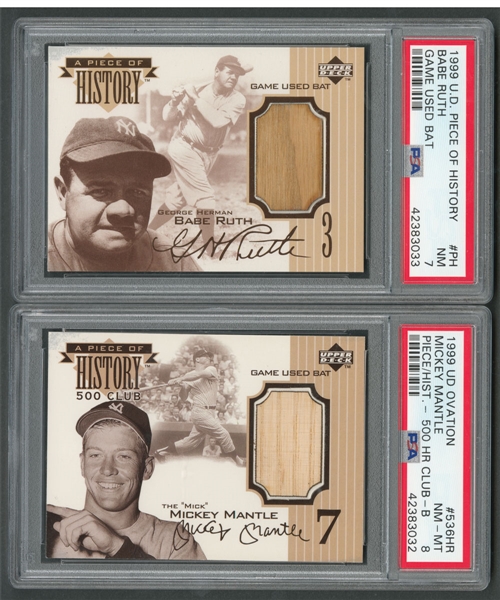 1999 Upper Deck "A Piece of History" Babe Ruth (PSA 7) and Mickey Mantle (PSA 8) Game-Used Bat Baseball Cards