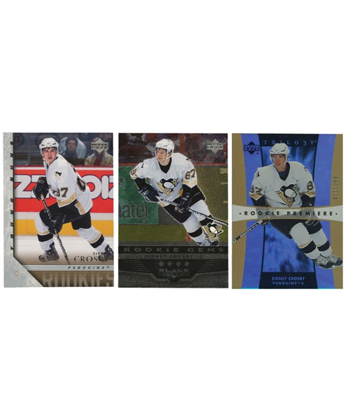 Sidney Crosby 2005-06 Upper Deck Rookie Card Collection of 3 Including #201 Young Guns, #193 Black Diamond Rookie Gems and #211 Trilogy Rookie Premiere 411/999