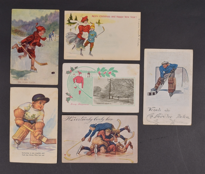 Vintage 1900s-1970s Christmas/Comedy & Other Hockey Postcard Collection of 58
