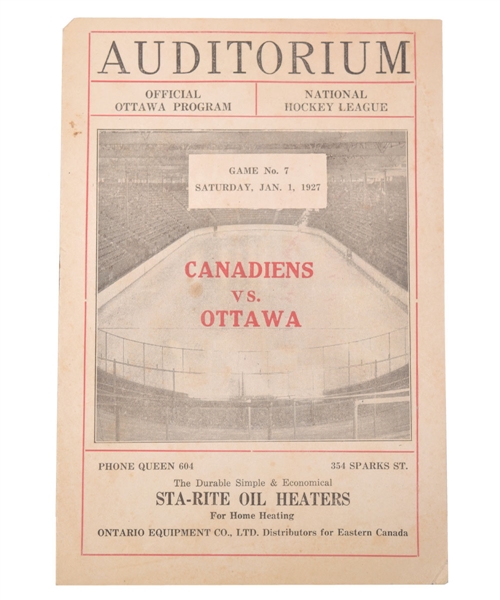 Ottawa Auditorium 1926-27 Program - Ottawa Senators (Connell, Clancy, Neighbor) vs Montreal Canadiens (Morenz, Hainsworth, Joliat) 