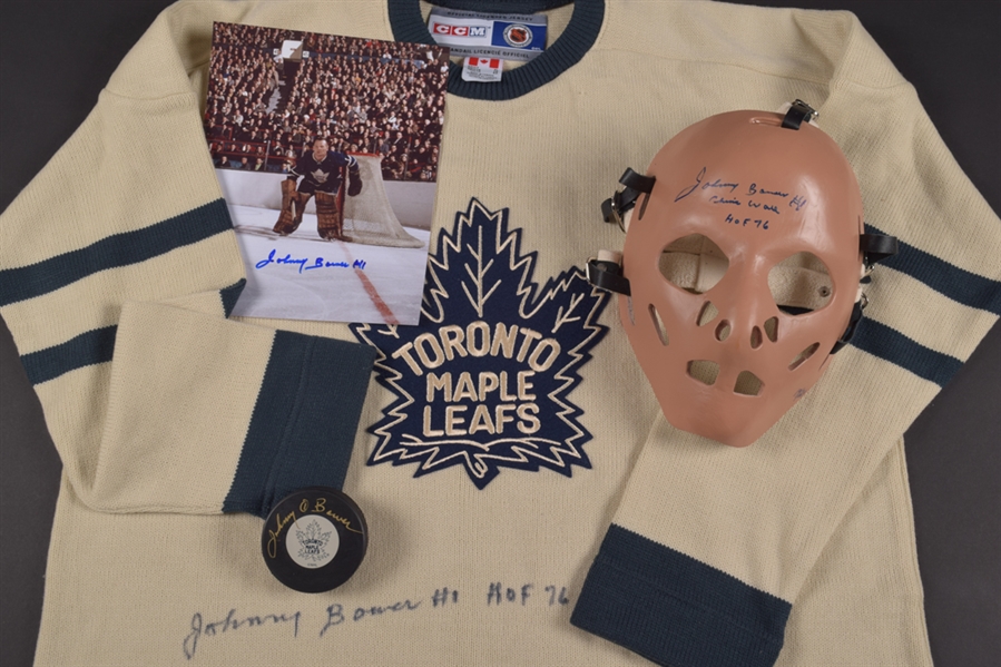 Johnny Bower Toronto Maple Leafs Signed Vintage-Style Jersey, Replica Mask with Stand, Photo and Puck with LOA