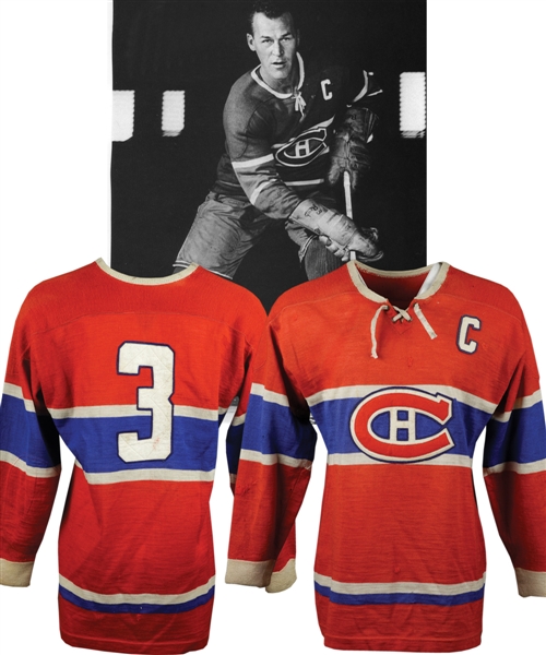 Emile "Butch" Bouchards 1955-56 Montreal Canadiens Game-Worn Captains Jersey from His Personal Collection with LOA - Team Repairs! - Photo-Matched!
